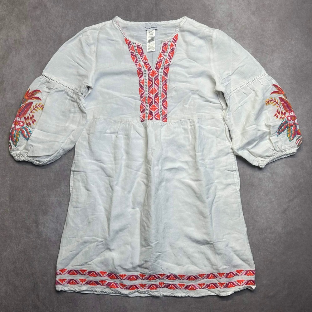 Tommy Bahama White Embroidered Linen Blend Tunic Dress XS Floral 3/4 Sleeve